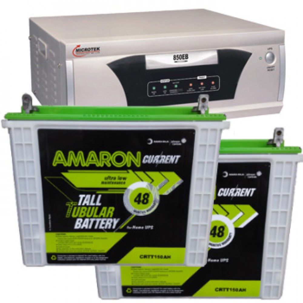 Microtek EB 1600VA Square Wave Inverter & Amaron AAM-CR-CRTT150 150AH Tall Tubular Battery
